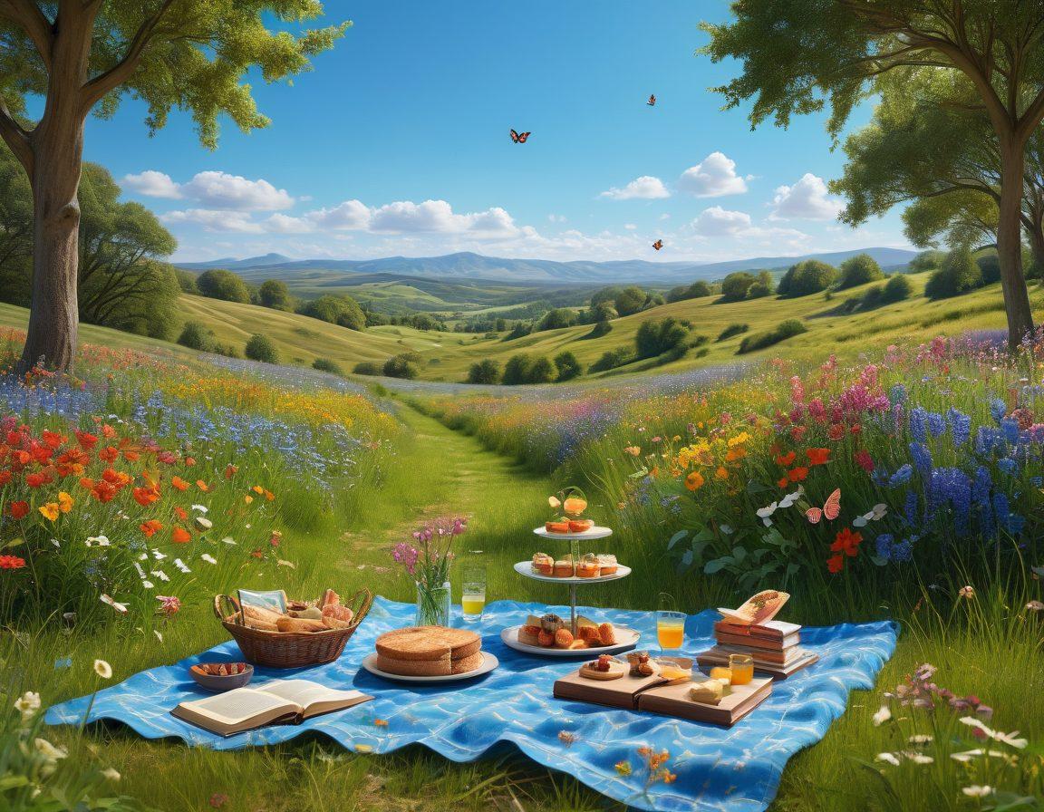 A serene landscape featuring a sunlit meadow filled with vibrant wildflowers, where a person joyfully dances under a blue sky. In the foreground, a cozy picnic setup with delicious treats and a vintage book exuding a sense of bliss. The background showcases soft, rolling hills and a gentle stream, with butterflies fluttering around. super-realistic. vibrant colors. 3D.