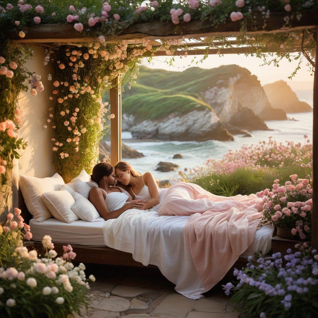A serene setting with a soft, glowing light emanating from a cozy nook where a couple is enveloped in affectionate embraces, surrounded by delicate flowers and soft pillows. Express joy and tranquility in their faces, with subtle touches of warmth in the ambiance, symbolizing deep connection and bliss. Include hints of nature like gentle waves or a tranquil garden in the background. soft focus. pastel colors. dreamy atmosphere.