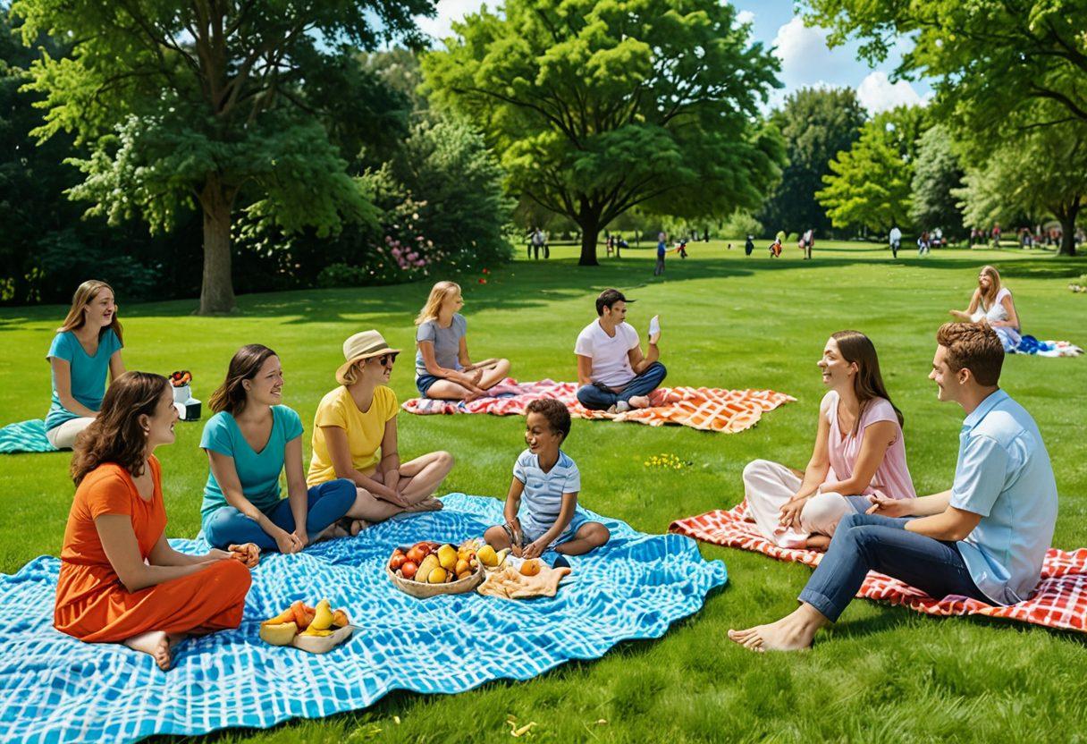 A vibrant scene depicting a joyful gathering of diverse people enjoying a sunny picnic in a lush green park, filled with colorful blankets, laughter, and playful activities like frisbee and kite flying. Include a whimsical touch with cartoonish clouds and bright flowers, capturing the essence of cheerful living. super-realistic. vibrant colors. sunny background.